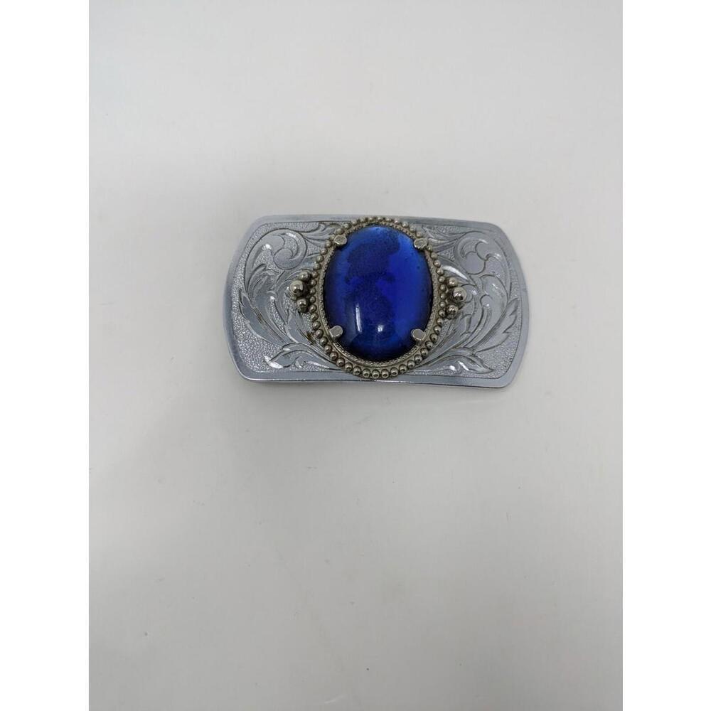 Vintage Sharp Looking Belt Buckle Mexican Silver Cobalt Blue Stone Inlay